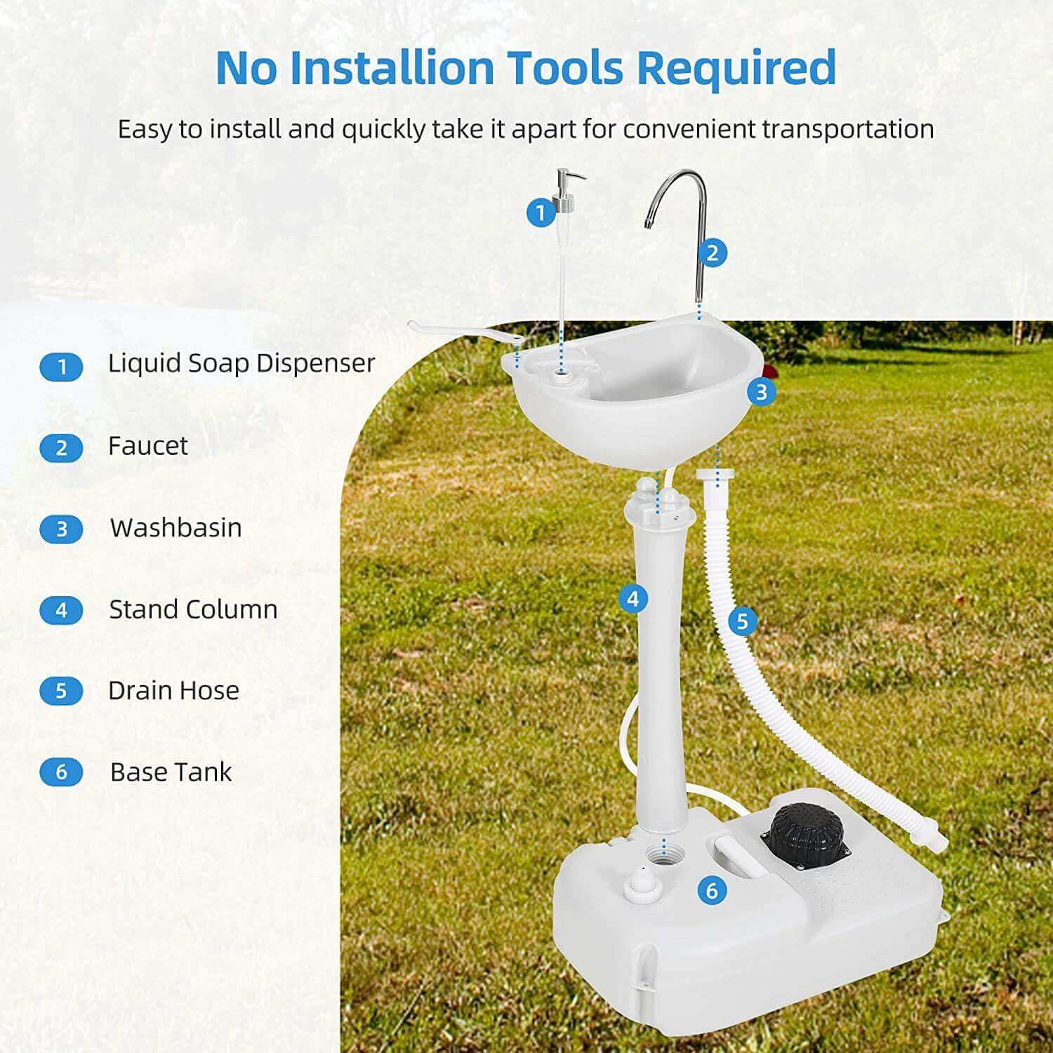 HomeStead Appliance Portable Sink with foot pedal, perfect for off-grid cabins at Cabin Depot. Features soap dispenser and base reservoir.