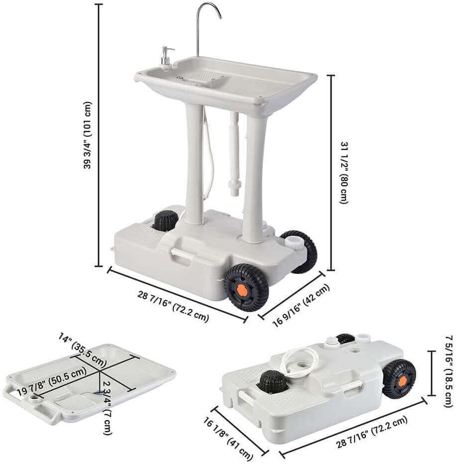 Portable sink with dual faucets, manual and sensor foot pedals, from Cabin Depot. Ideal for off-grid use, includes water pump and adapter.