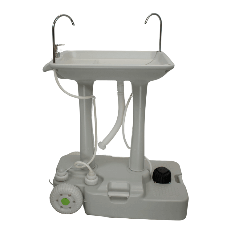 HomeStead Portable Sink with Dual Faucets for Cabin Depot - Off-Grid Hand and Dish Washing Solution with Foot Pedal & Sensor