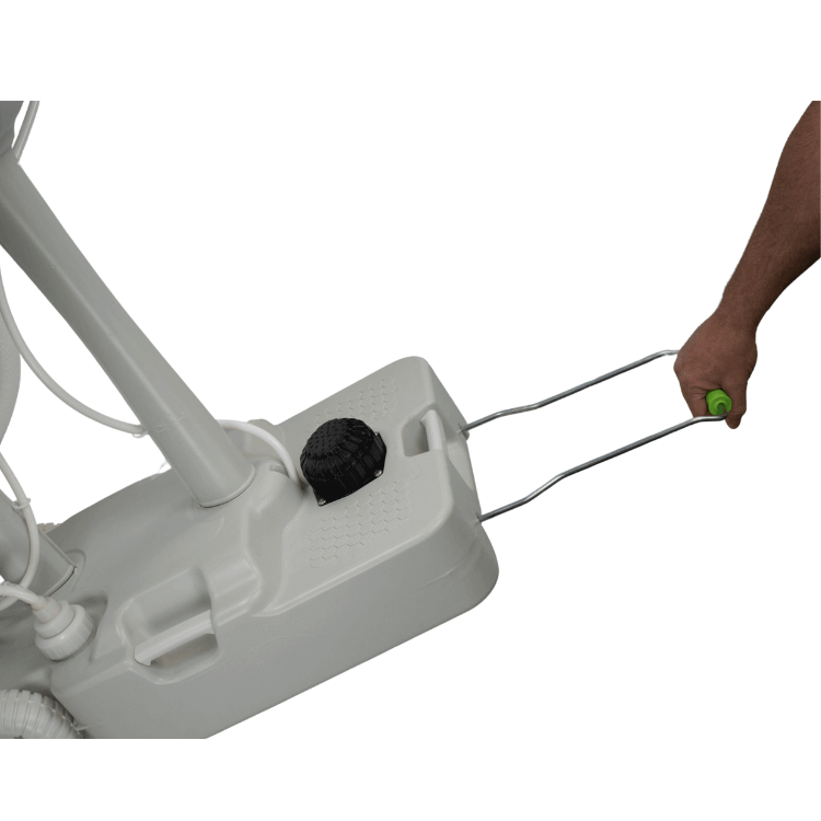 Person maneuvering HomeStead Appliance Portable Sink from Cabin Depot with retractable handle and drain plug.