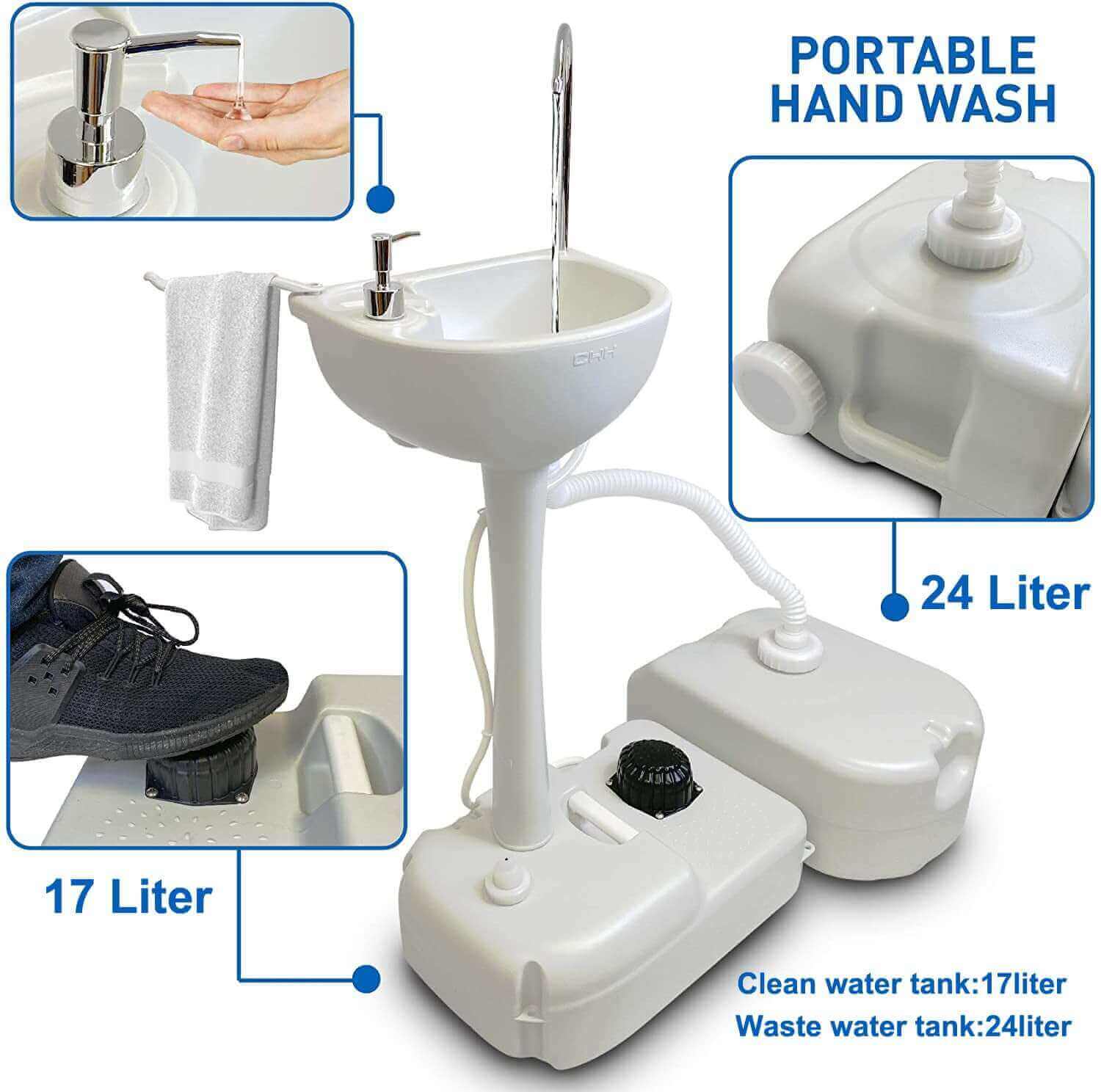 Portable sink with foot pedal, 17L clean, 24L waste water tanks, perfect for off-grid cabins. HomeStead product by Cabin Depot.
