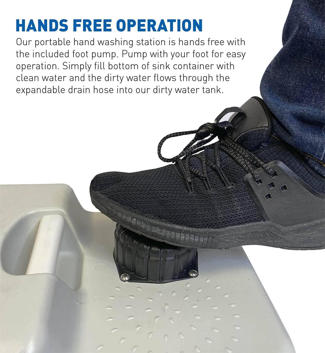 Foot activating HomeStead Portable Sink's pump for hands-free use, ideal for Cabin Depot off-grid setups.