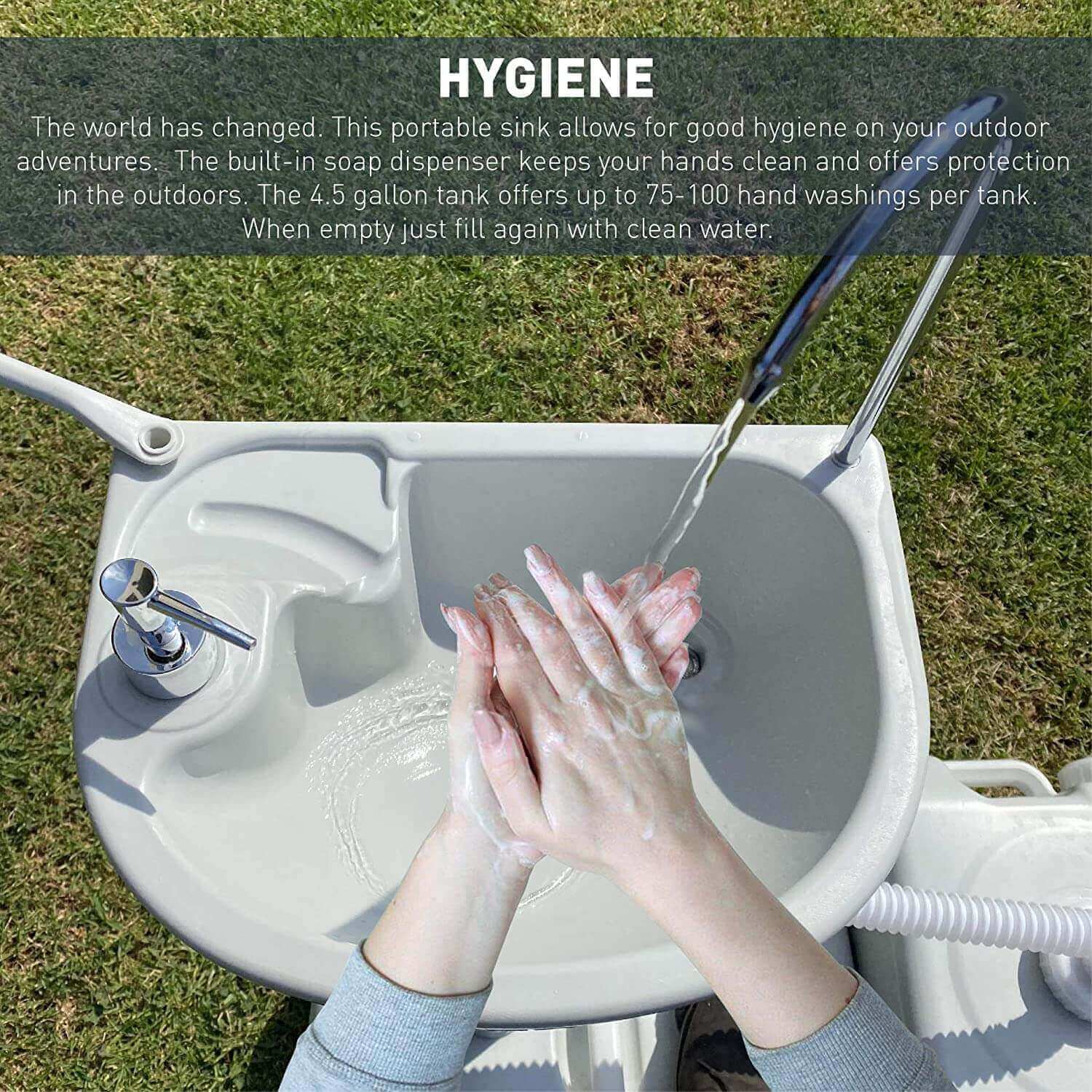 Person washing hands at HomeStead Appliance Portable Sink with foot pedal and soap dispenser, ideal for Cabin Depot off-grid use.