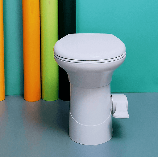 HomeStead Appliance RV Toilet with enamel-coated bowl and soft-close seat, designed for RVs and boats with blackwater holding tanks.