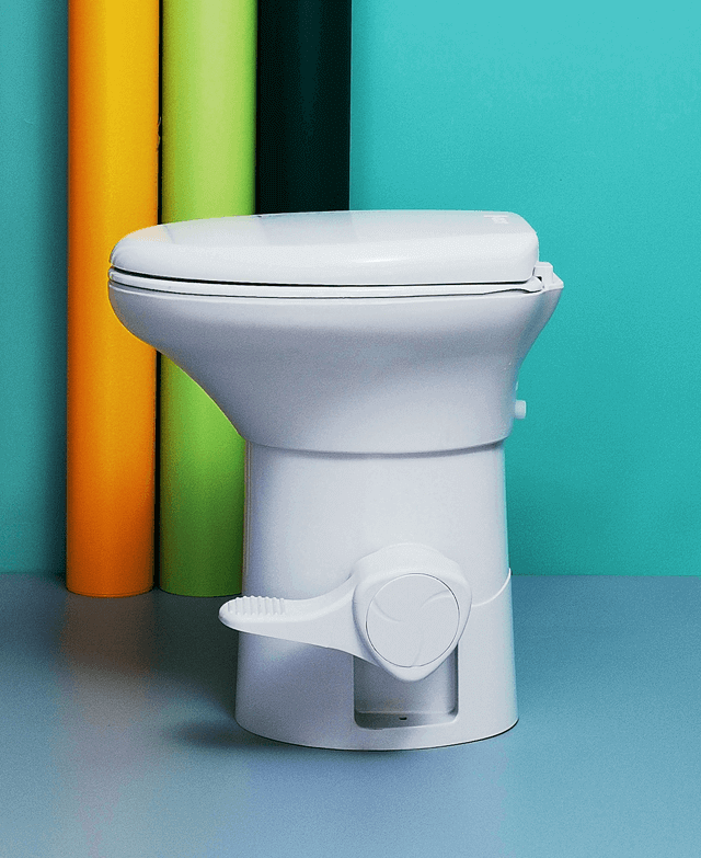 HomeStead Appliance RV Toilet with soft-close seat, enamel-coated bowl; ideal for RVs and boats, available at Cabin Depot.
