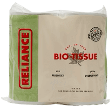 Reliance Bio-Tissue Rolls from Cabin Depot - 100% recycled, RV-safe toilet paper, dissolves quickly, eco-friendly and chlorine-free.
