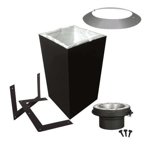 Summum Pro square ceiling support set with trims and flue extension for sloped roofs, made of stainless steel and galvanized steel.