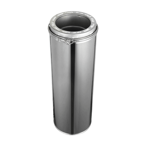 Stainless steel Summum Pro 6" chimney pipe with mirror finish and twist lock technology, offering easy installation and lifetime warranty.