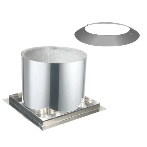 Summum Pro insulated attic shield with adjustable collar for chimney safety, model SC-6IAIS-2, shown with technical drawing elements.