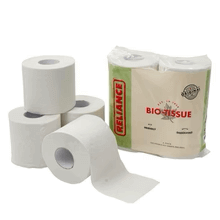 Reliance Bio-Tissue Rolls, RV and septic safe toilet paper, 100% recycled for Cabin Depot, pictured in packaging and unwrapped display.