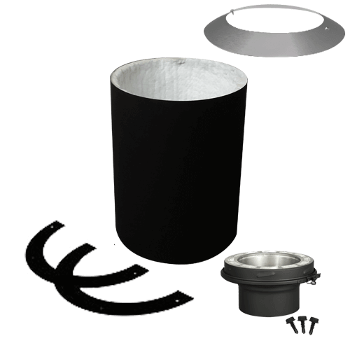 Summum Pro round ceiling support with trims and flue extension, insulated 16-inch chimney accessory for flat roofs.