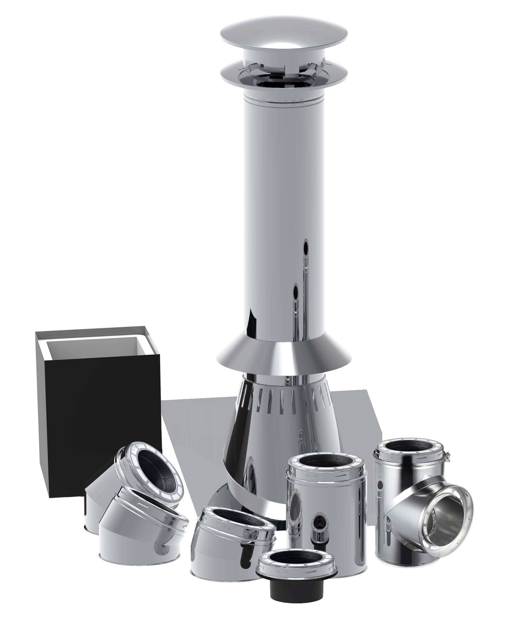 Summum Pro adjustable peak flashing with collar, made of 304 stainless steel for 4/12 to 21/12 roof pitch, available at Cabin Depot.