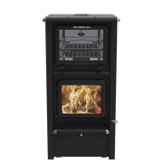 Gemini-R Wood Burning Cookstove by J.A. Roby with top oven, ideal for space-saving heating and cooking, available at Cabin Depot.