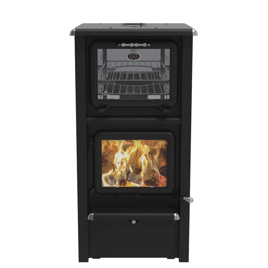 Gemini-R Wood Burning Cookstove by J.A. Roby with top oven, ideal for space-saving heating and cooking, available at Cabin Depot.