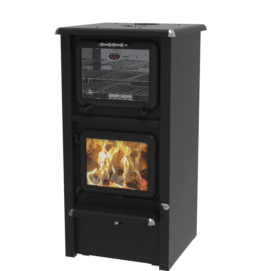 J.A. Roby Gemini-R wood burning cookstove, compact design with top oven, ideal for space-saving in cabins. Available at Cabin Depot.