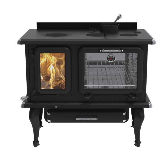 J. A. Roby Marmiton wood burning cookstove with visible flames and oven compartment, ideal for eco-friendly cooking and heating.