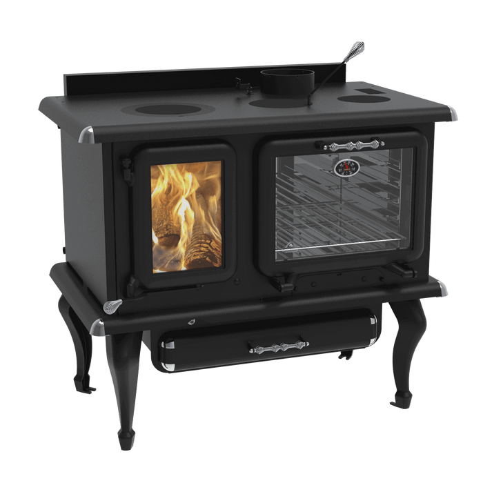 J. A. Roby Marmiton wood burning cookstove with eco-friendly design, ideal for cottages and homesteads, featuring US EPA certification.