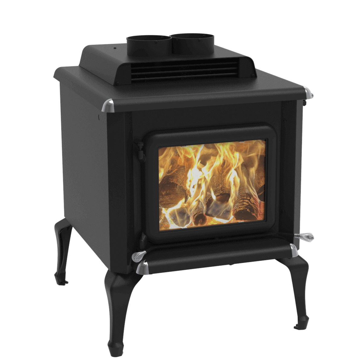 J.A. Roby Master Wood Stove with blazing fire, powerful 120,000 BTU, available at Cabin Depot, ideal for cabin or cottage heating.