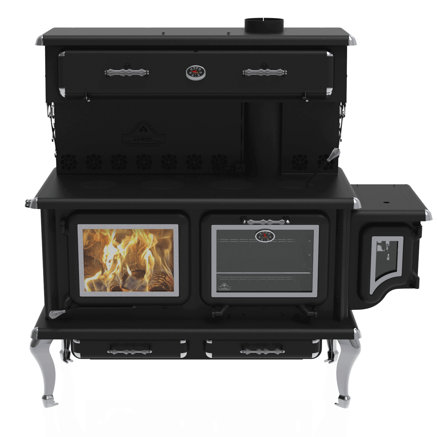 Newton LX wood burning cookstove with chromed cast iron legs, available at Cabin Depot for traditional cooking and home heating.