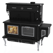J.A. Roby Newton LX Wood Burning Cookstove from Cabin Depot, featuring chromed cast iron legs and dual cooking surfaces.
