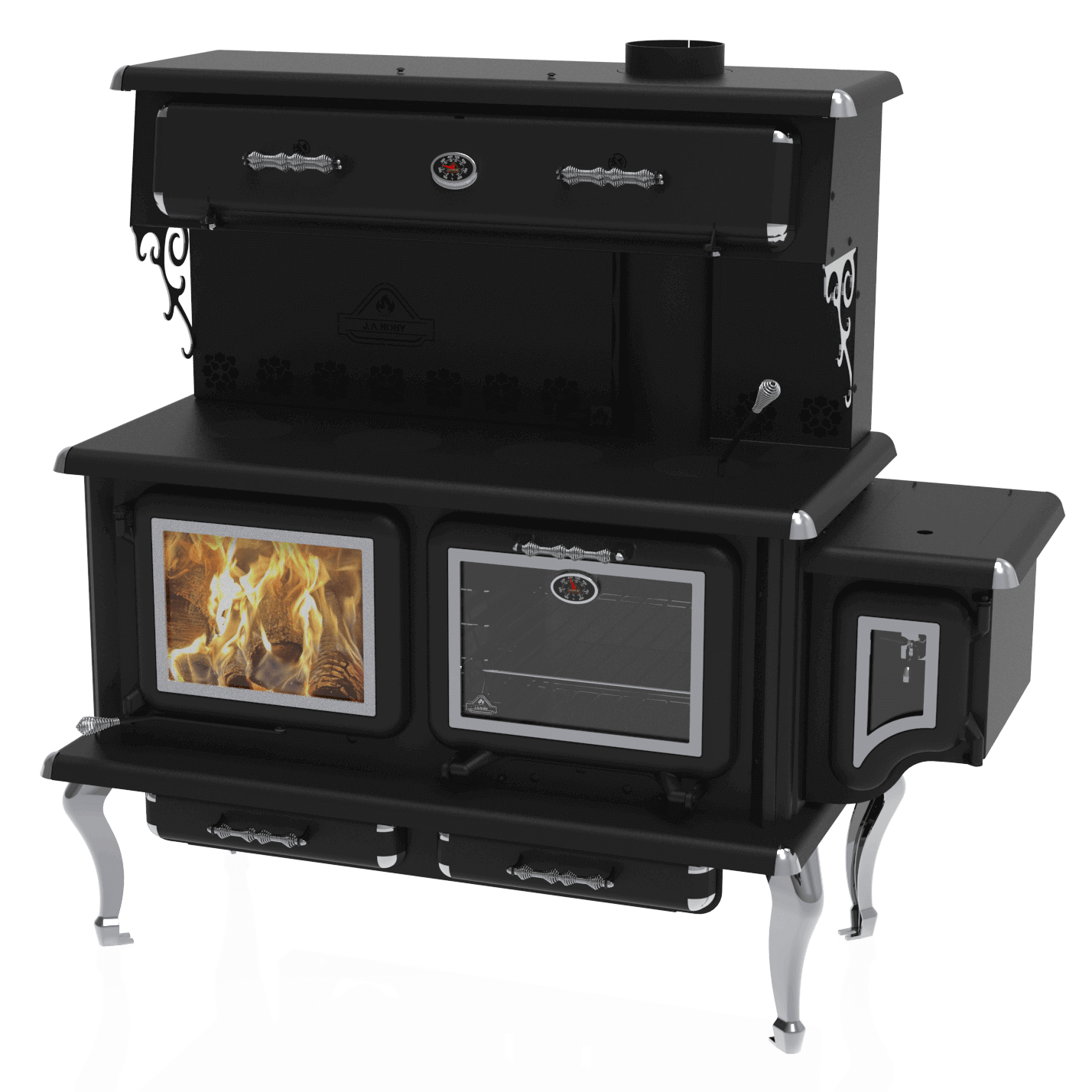 J.A. Roby Newton LX Wood Burning Cookstove from Cabin Depot, featuring chromed cast iron legs and dual cooking surfaces.