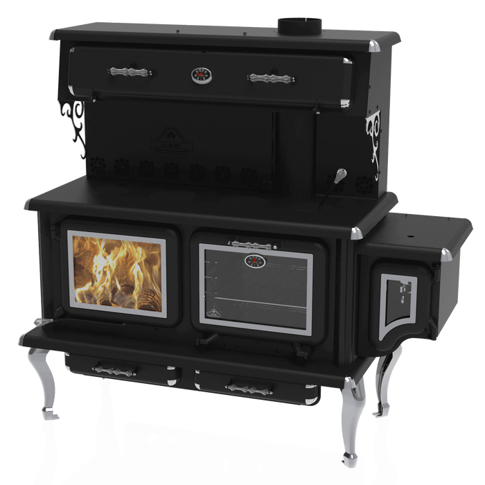 J.A. Roby Newton LX wood burning cookstove with chromed cast iron legs, dual cooking spaces, and warming features