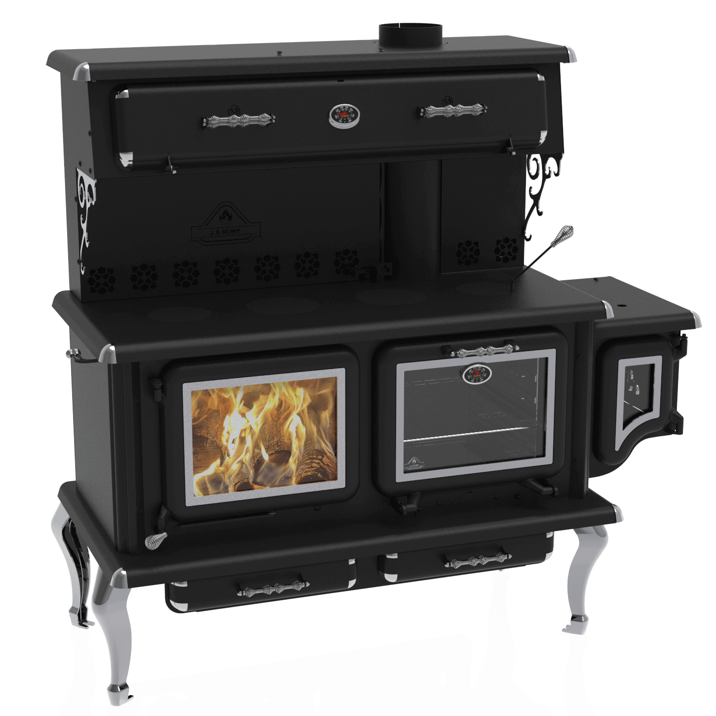 Alt Tag: J.A. Roby Newton LX Wood Burning Cookstove with chrome legs, dual cooking spaces, and heater available at Cabin Depot.
