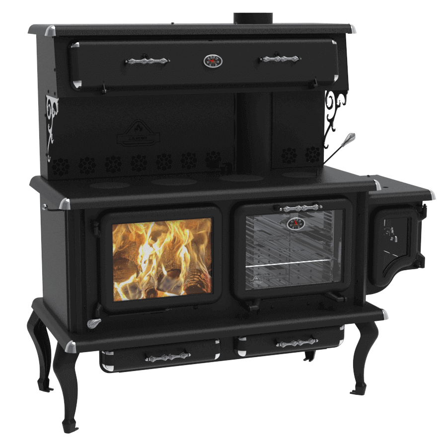 J.A. Roby Newton Wood Burning Cookstove with oven, food warmer, and water tank from Cabin Depot for efficient home heating.