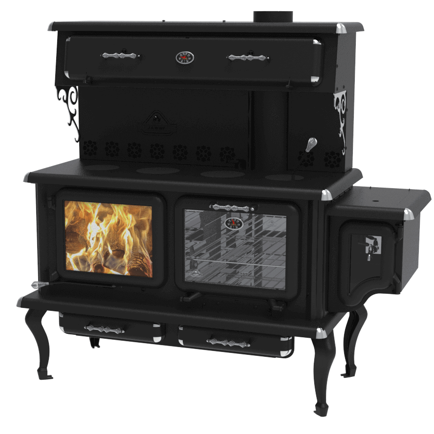 J.A. Roby Newton Wood Burning Cookstove with oven, food warmer, and water tank from Cabin Depot, ideal for heating 1000-2500 sq ft cabins.