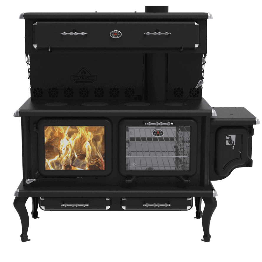 J.A. Roby Newton Wood Burning Cookstove at Cabin Depot, features oven, cooktop, water tank, heats 1000-2500 sq ft, CSA certified.
