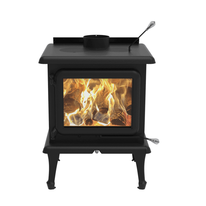 J. A. Roby Sirius Wood Stove with flames inside, part of the ETOILE line, CSA and EPA certified, suitable for mobile homes.