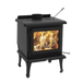 Modern J.A. Roby Sirius wood stove with flames, part of the ETOILE line, featuring a compact design and eco-friendly certifications.