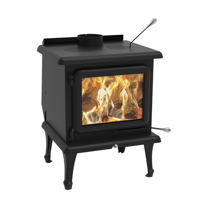 Modern J.A. Roby Sirius wood stove with flames, part of the ETOILE line, featuring a compact design and eco-friendly certifications.