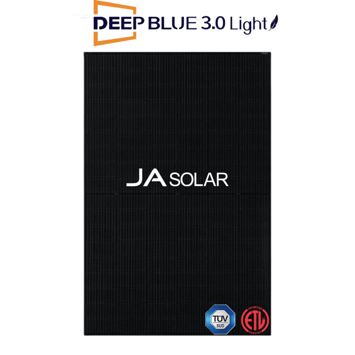 JA Solar 405W Mono Solar Panel with black frame, Deep Blue 3.0 Light design, featuring half-cell configuration and power efficiency.