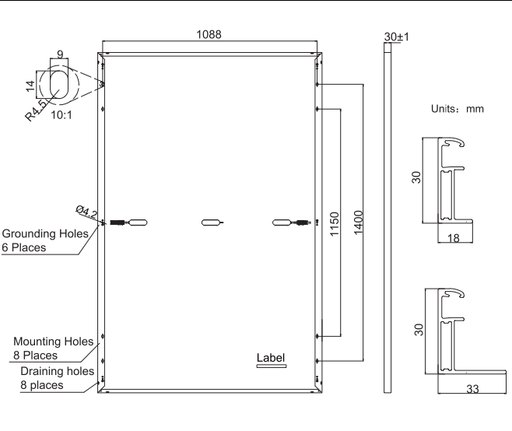 Technical diagram of JA Solar 405W Mono Solar Panel dimensions and mounting details, showing grounding, mounting, and draining holes.