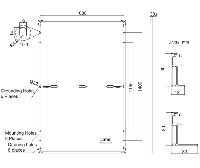 Technical diagram of JA Solar 405W Mono Solar Panel with dimensions and mounting details, showcasing grounding and draining holes.