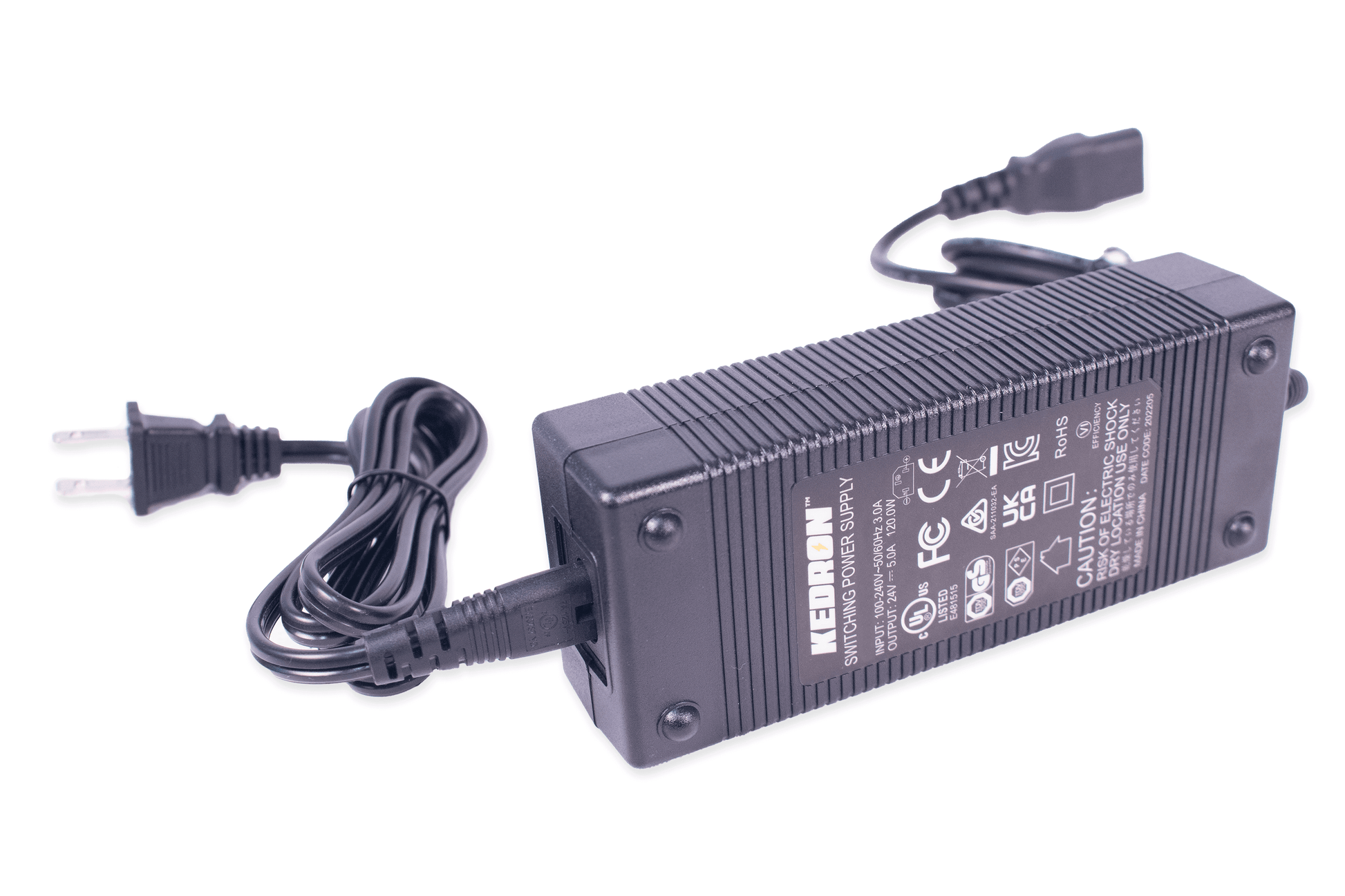 Kedron 24V 5A 110V Adapter, ETL certified power converter compatible with solar/DC appliances, available at Cabin Depot.