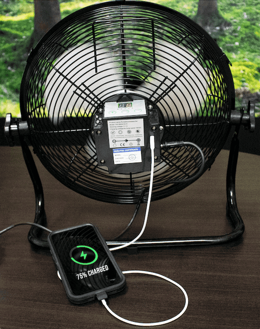 Kedron 12" Solar Powered Fan from Cabin Depot with phone charging, ideal for RVs and cabins, featuring 12 speed settings and lithium-ion battery.