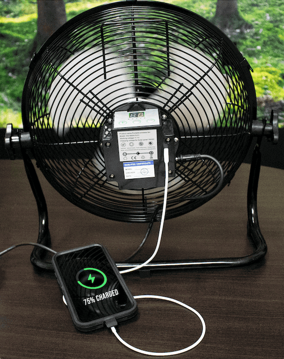 Kedron™ 12" Solar Powered Fan charging device, showcasing portable cooling solution for camping and off-grid use.