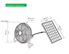 Diagram of Kedron™ 12" Solar Powered Fan with installation dimensions and solar panel specifications.