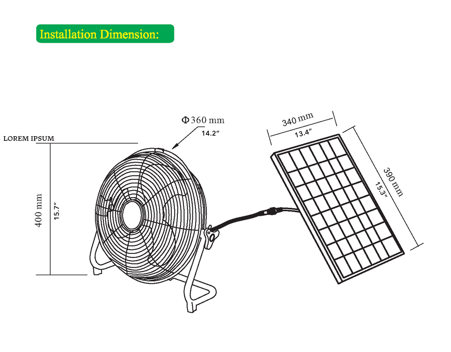 Diagram of Kedron™ 12" Solar Powered Fan with installation dimensions and solar panel specifications.