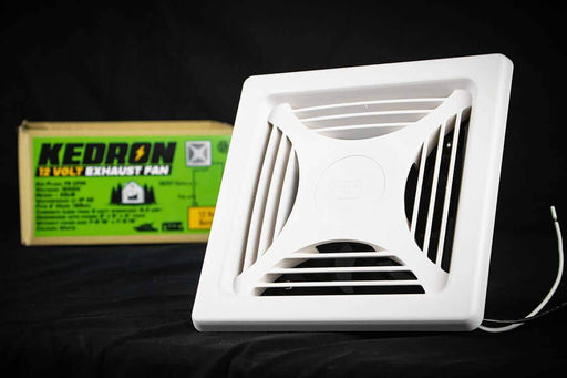 Kedron 12V DC Exhaust Fan from Cabin Depot, waterproof ventilation fan for cabins, RVs, and off-grid applications with 12V systems.