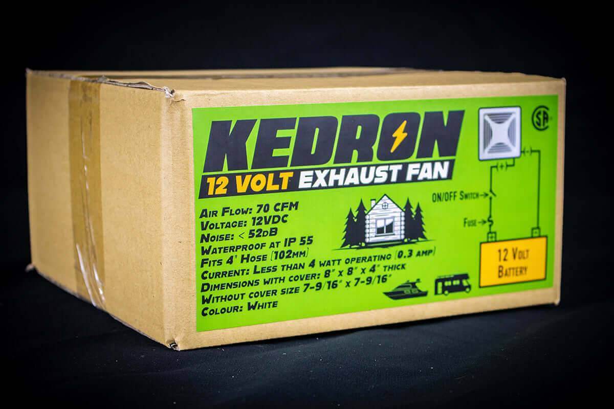 Kedron 12V DC Exhaust Fan in packaging; Cabin Depot waterproof CSA certified fan for off-grid camps, RVs, and cabins.