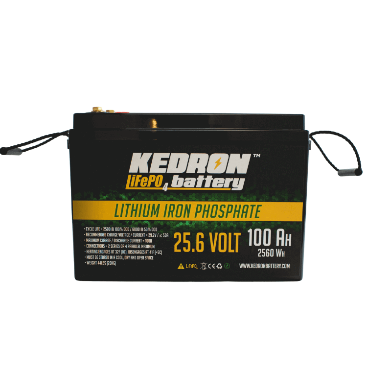 Kedron 24V 100AH LiFePO4 Battery from Cabin Depot with free shipping in Canada, lightweight and durable for prolonged storage.