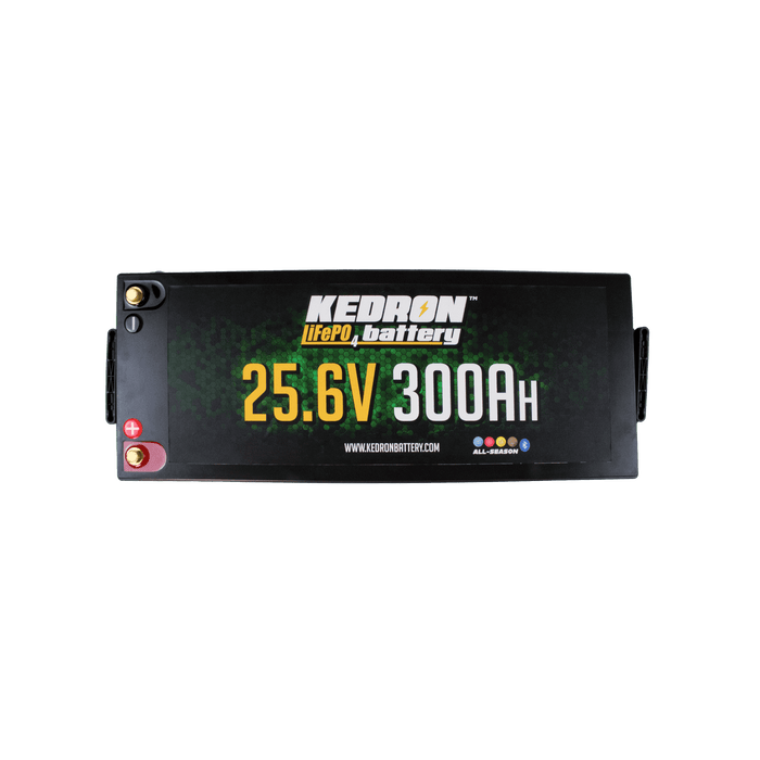 Kedron 25.6V 300AH LiFePO4 Battery with handles, lightweight lithium iron phosphate battery for deep cycling and extended storage.