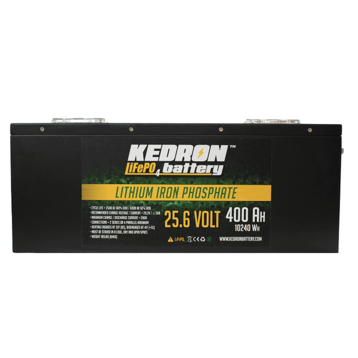 Kedron 24V 400AH LiFePO4 Battery front view with label showing lithium iron phosphate details and 25.6 volt capacity.