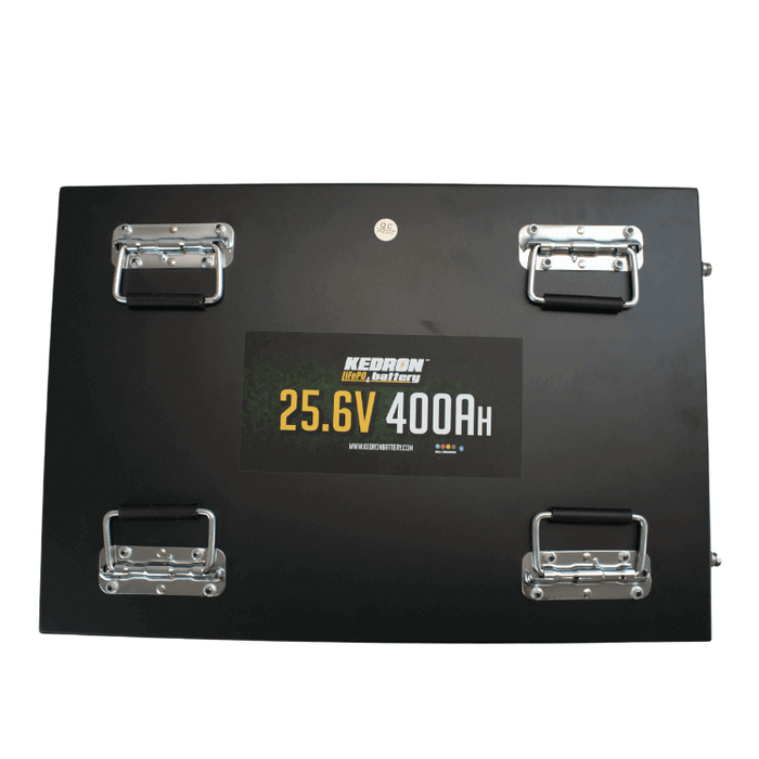 Kedron 24V 400AH LiFePO4 Battery top view with handles and label.