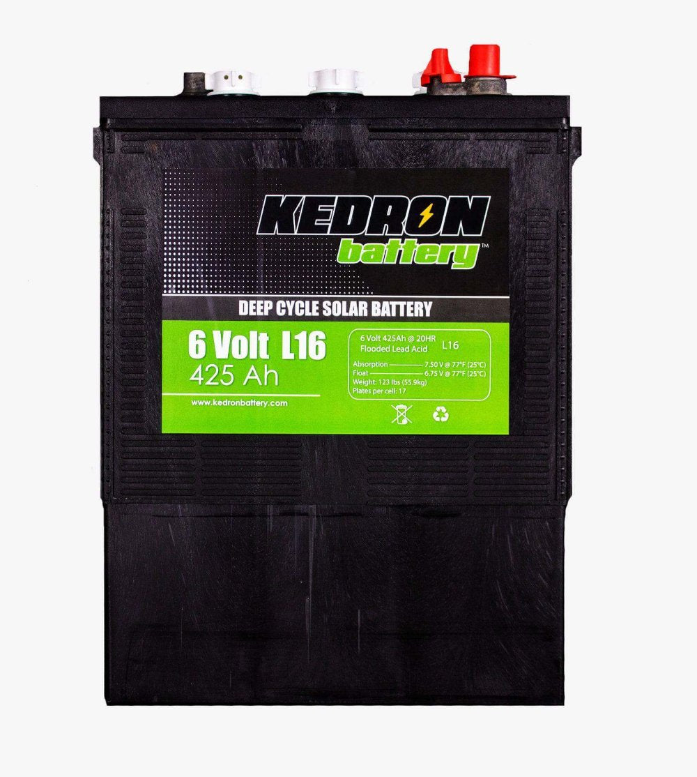 Kedron 6V 425AH L16 Flooded Deep Cycle Battery from Cabin Depot, ideal for off-grid power systems with 12-month warranty.