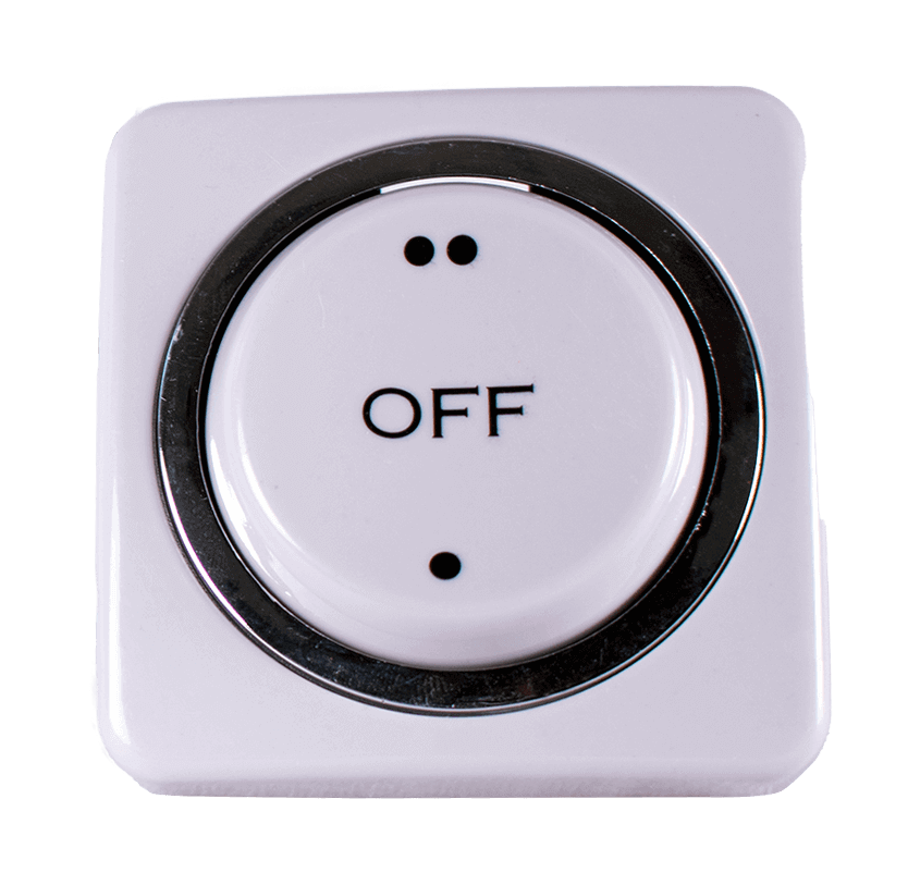 Trusty 12V DC Light Switch with Dimmer, suitable for flush-mount, Cabin Depot, front view of switch with OFF marking