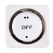 Close-up of a round, white light switch with "OFF" text and black dots within a square frame.